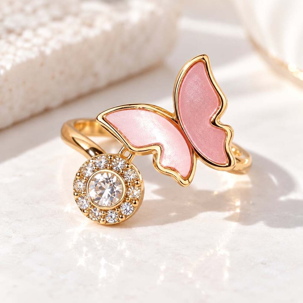 Pink Butterfly Rhinestone Statement Ring Gold Tone Crystal Charm
